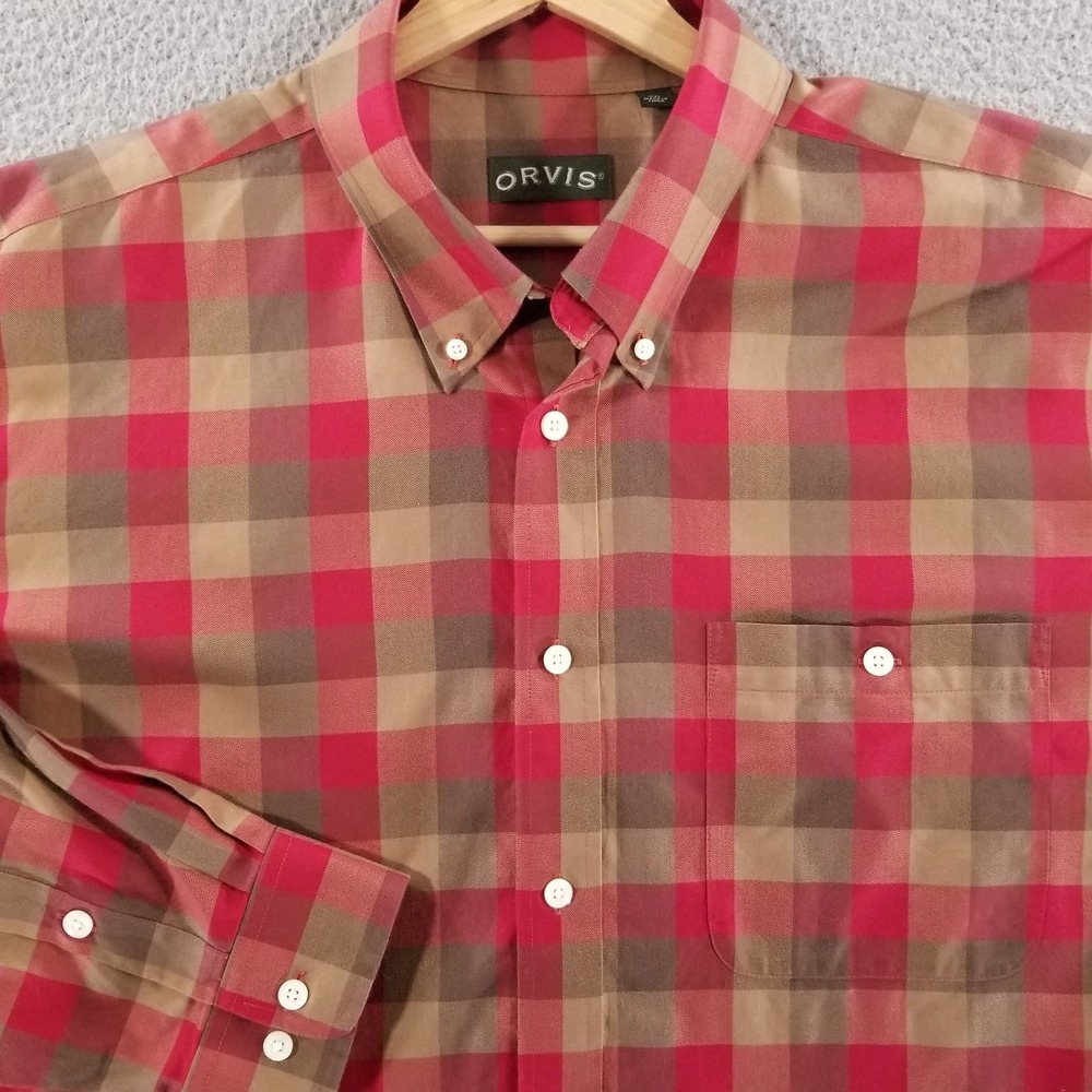 Orvis Shirt Mens XL Red Wrinkle Free Plaid Outdoor Dress Casual Button Down